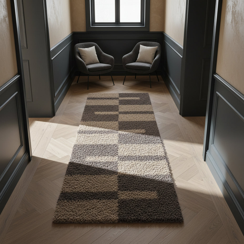 Teppich Hochflor Shaggy Karo Design Polypropylen Wohnzimmer_Läufer_