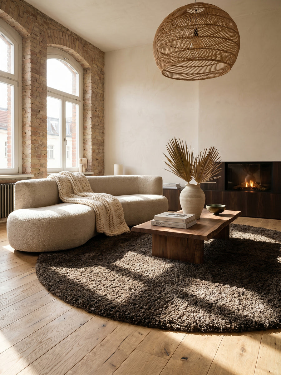 Teppich Brown rund im Wohnzimmer Einrichtungsidee_