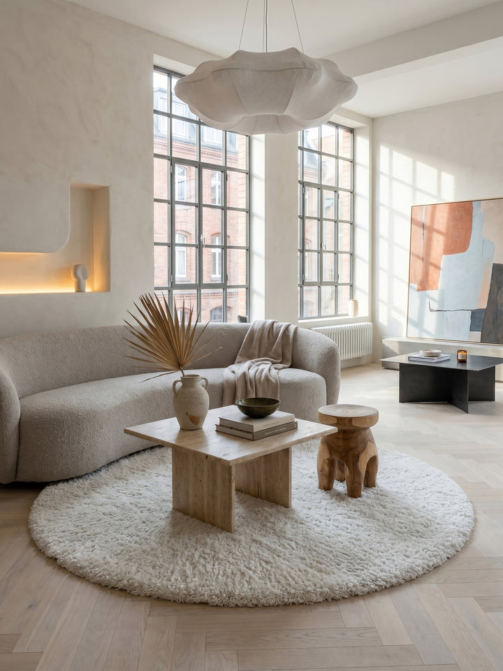 Teppich White rund im modernen Wohnzimmer_