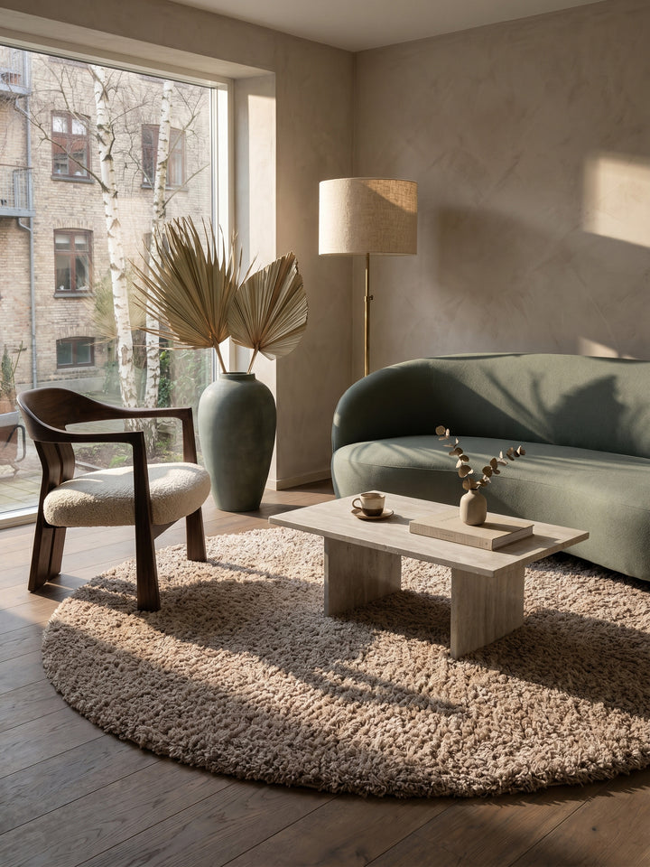 Teppich Beige rund gemütliche Wohnszene_