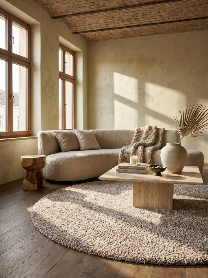 Teppich Beige rund im modernen Wohnzimmer_