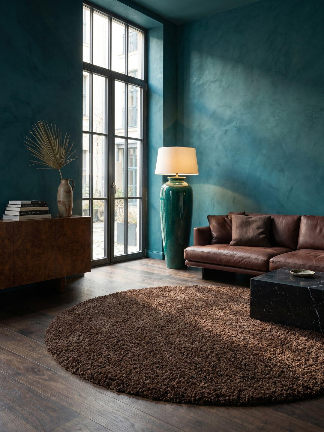 Teppich Brown rund im modernen Wohnzimmer_