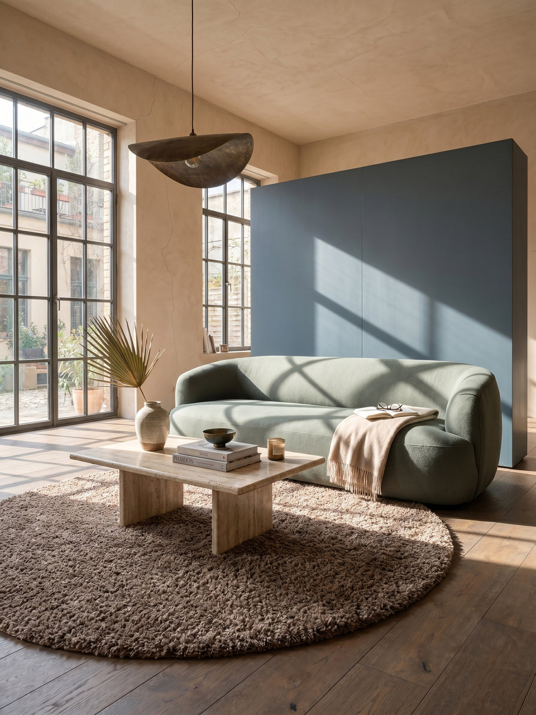 Teppich Mocca rund im modernen Wohnzimmer_