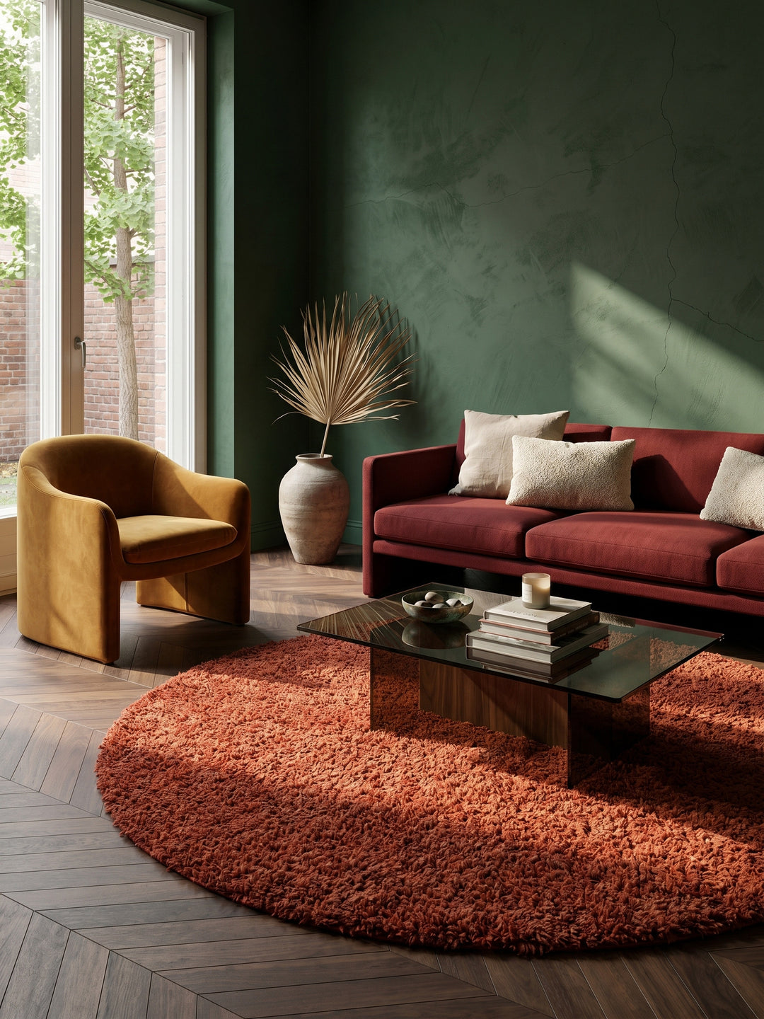 Teppich Terrakotta rund im modernen Wohnzimmer_