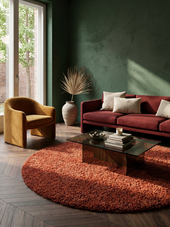 Teppich Terrakotta rund im modernen Wohnzimmer_