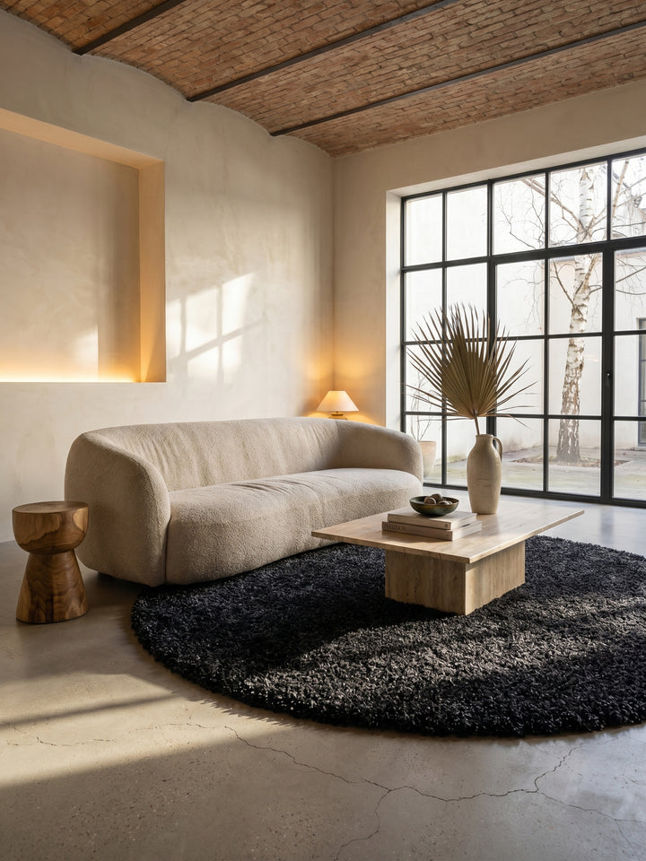 Teppich Anthrazit rund im modernen Wohnzimmer_