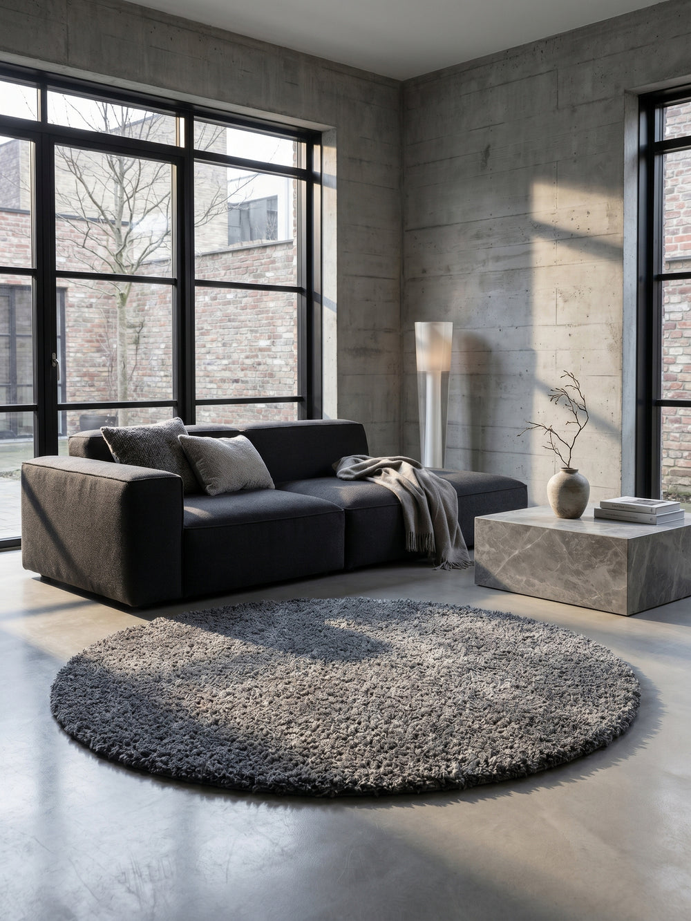Teppich Grey rund im modernen Wohnzimmer_