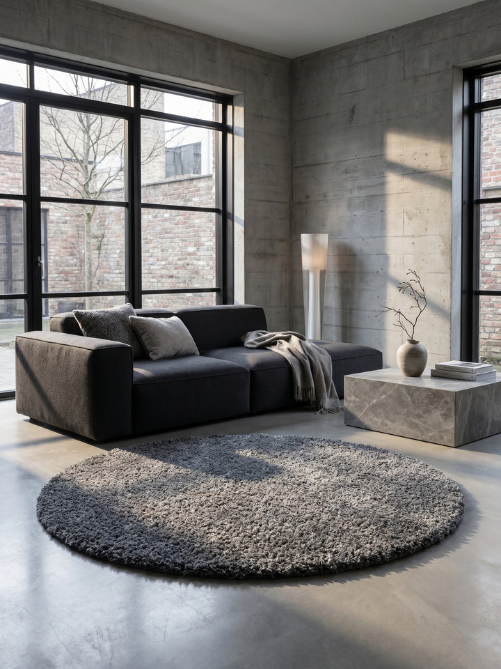 Teppich Grey rund im modernen Wohnzimmer_