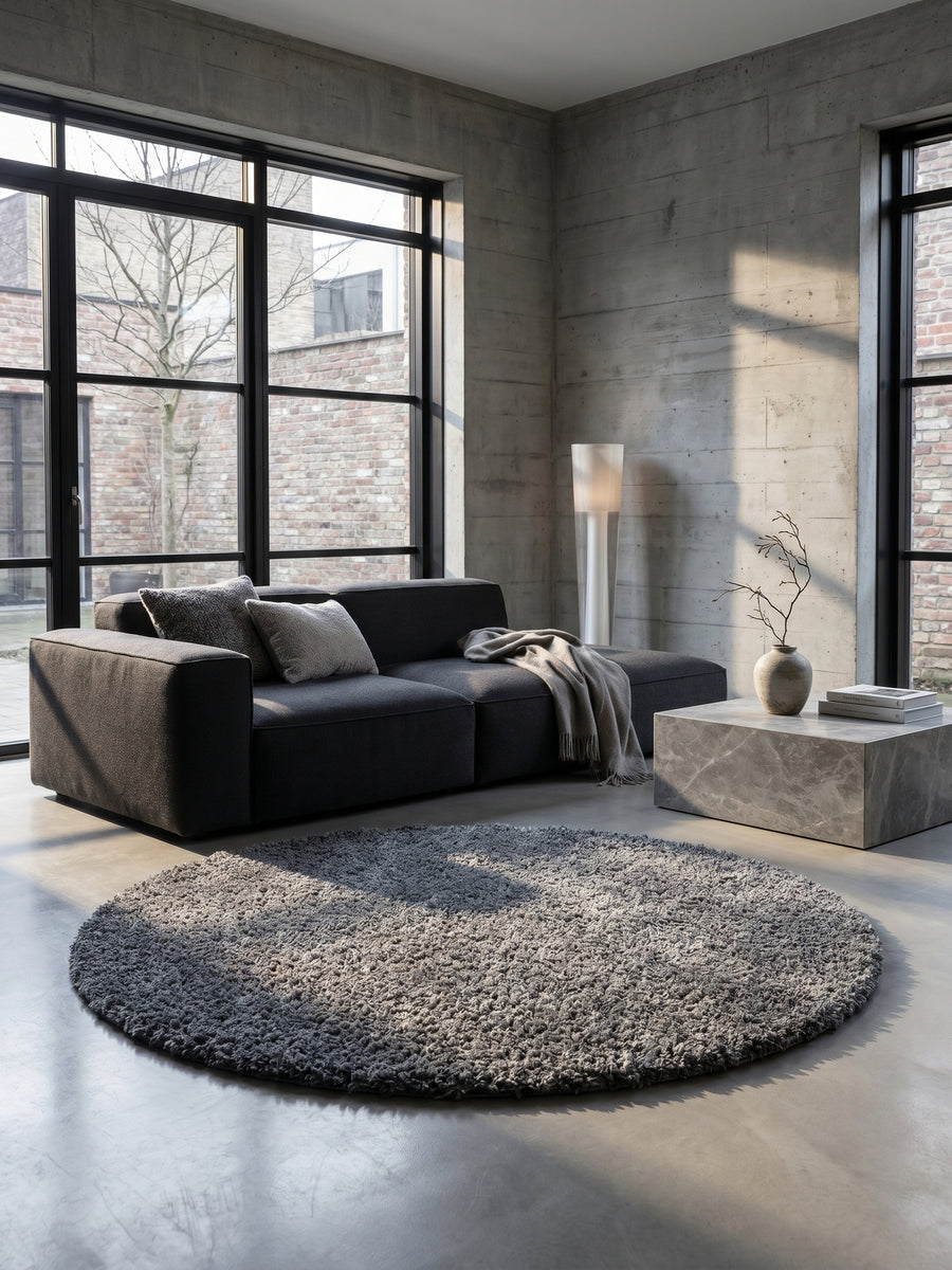Teppich Grey rund im modernen Wohnzimmer_