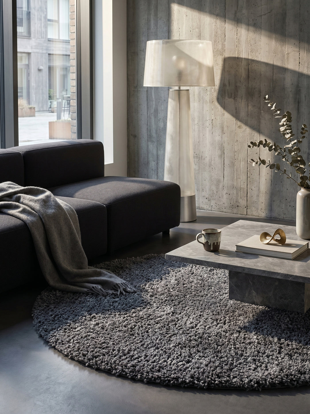 Teppich Grey rund gemütliche Wohnszene_