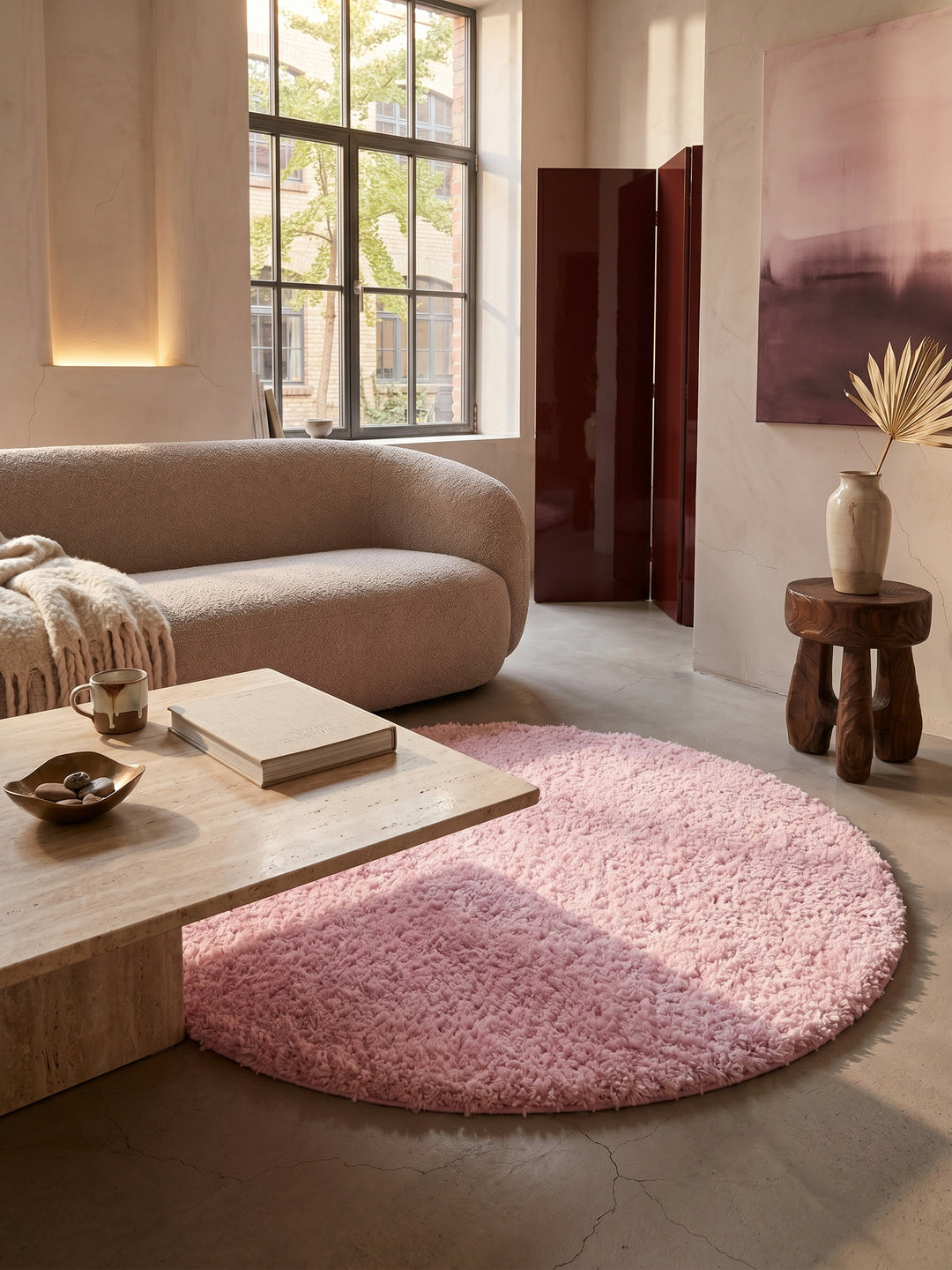 Teppich Pink rund gemütliche Wohnszene_
