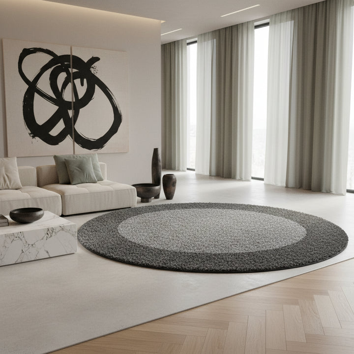 Teppich Hochflor einfarbig mit Bordüre Polypropylen Wohnzimmer_Rund_