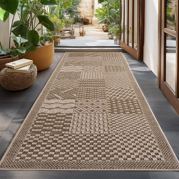 Teppich In-/Outdoor Flachgewebe Karomuster Polypropylen Küche_Beige_Läufer_