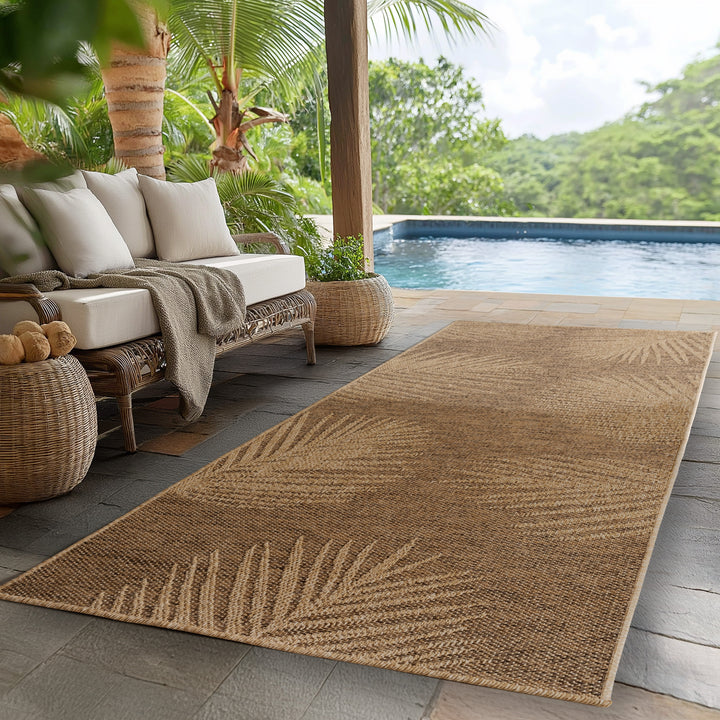 Teppich In-/Outdoor Jute-Optik Flachgewebe Blattmuster Polypropylen_Braun_Läufer_