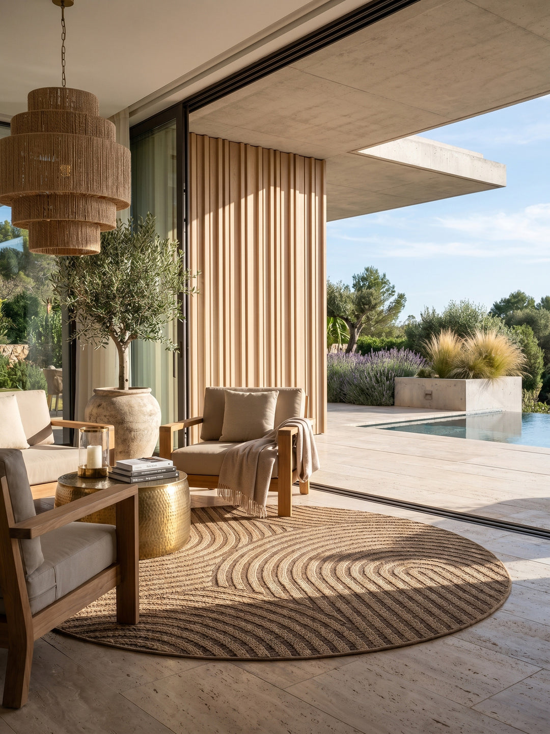 Teppich Beige Jute-Optik rund Polypropylen Designteppich Kollektion ARLBERG Wohnraum_