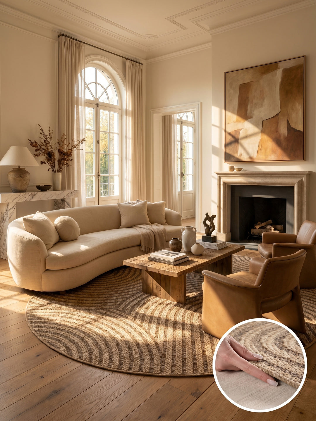 Teppich Beige Jute-Optik rund Polypropylen Designteppich Kollektion ARLBERG Wohnraum_
