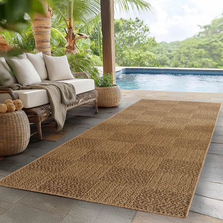 Teppich In-/Outdoor Jute-Optik Flachgewebe Kariert Polypropylen_Beige_Läufer_