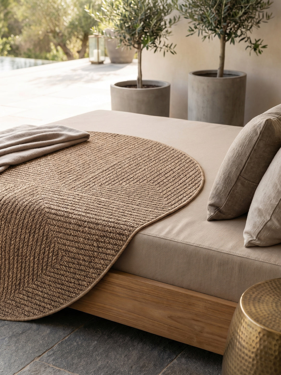 Teppich Beige rund Wohnaccessoire Deko_