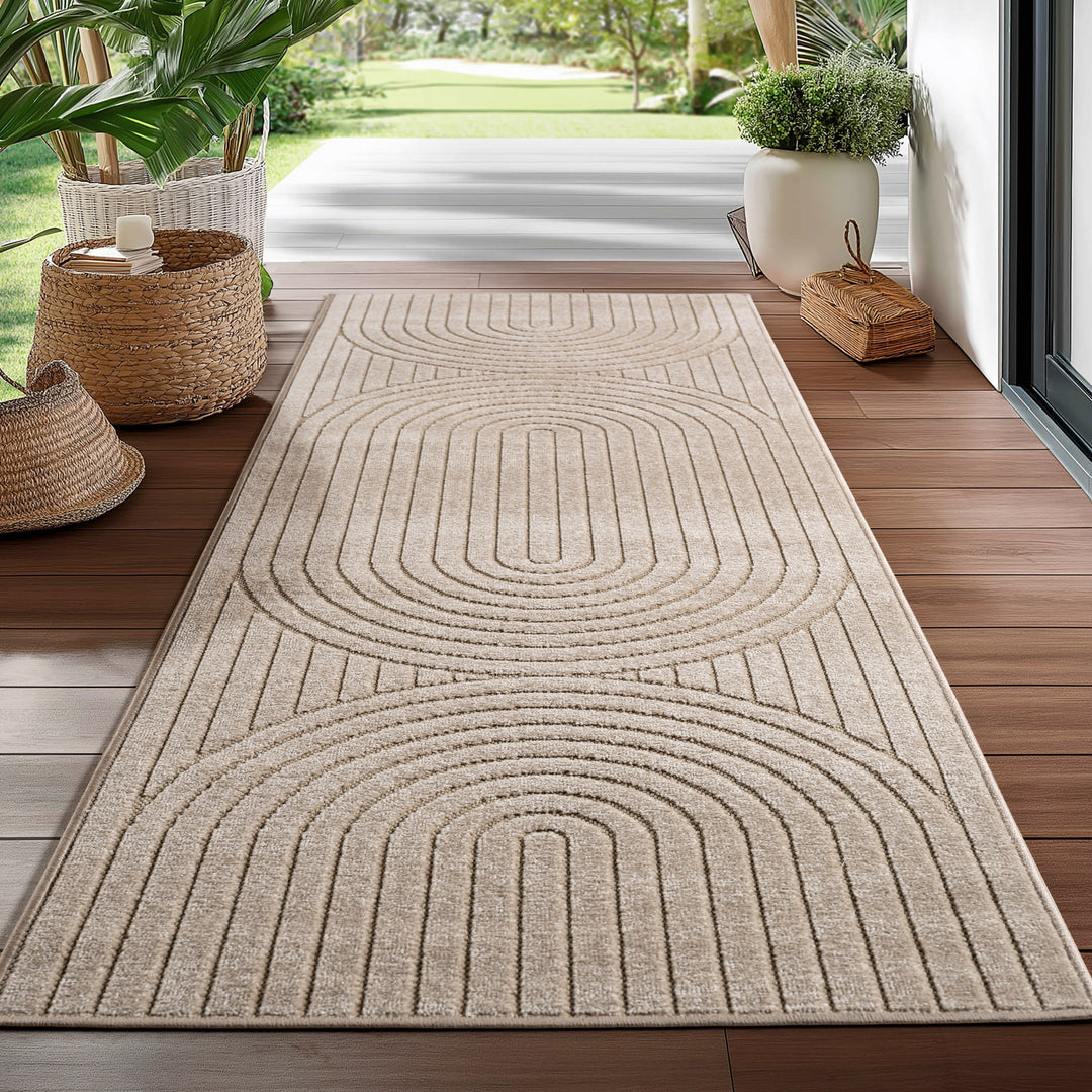 Teppich In-/Outdoor Kurzflor Skandi 3D-Design Polypropylen Balkon_Beige_Läufer_