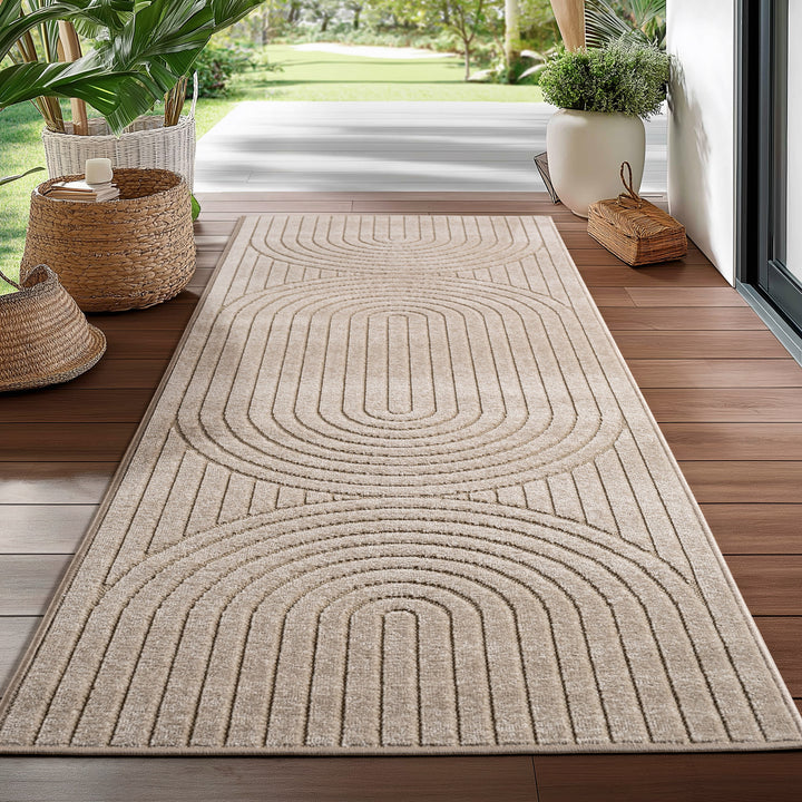 Teppich In-/Outdoor Kurzflor Skandi 3D-Design Polypropylen Balkon_Beige_Läufer_