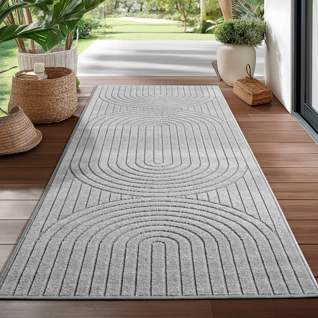 Teppich In-/Outdoor Kurzflor Skandi 3D-Design Polypropylen Balkon_Silber_Läufer_