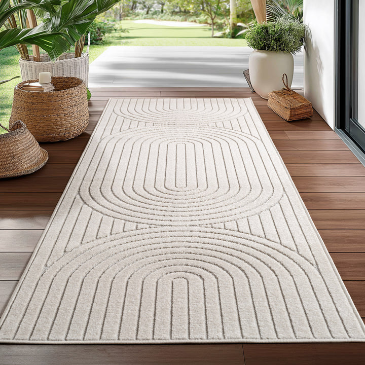 Teppich In-/Outdoor Kurzflor Skandi 3D-Design Polypropylen Balkon_Creme_Läufer_
