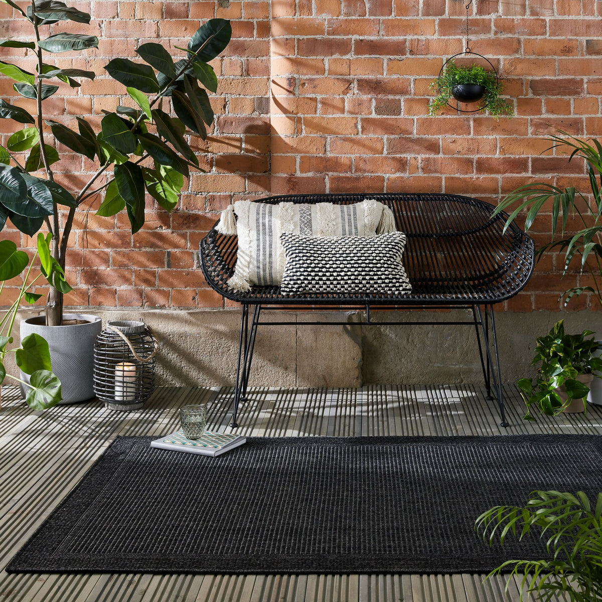 Outdoor Teppich Unifarben - Bordüre - Balkon schmutzabweisend Schwarz Rechteckig