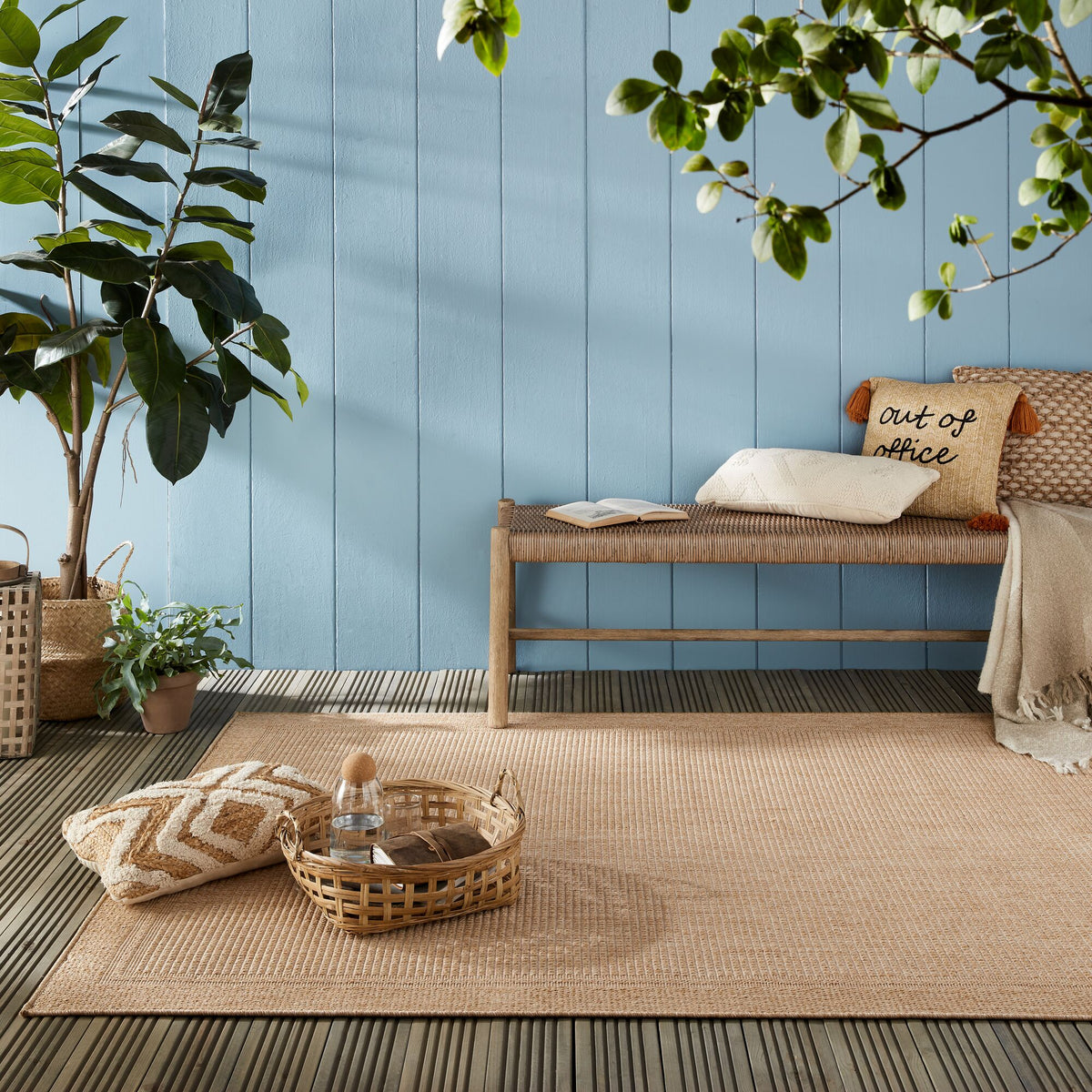 Outdoor Teppich Unifarben - Bordüre - Balkon schmutzabweisend_Natur_Rechteckig_