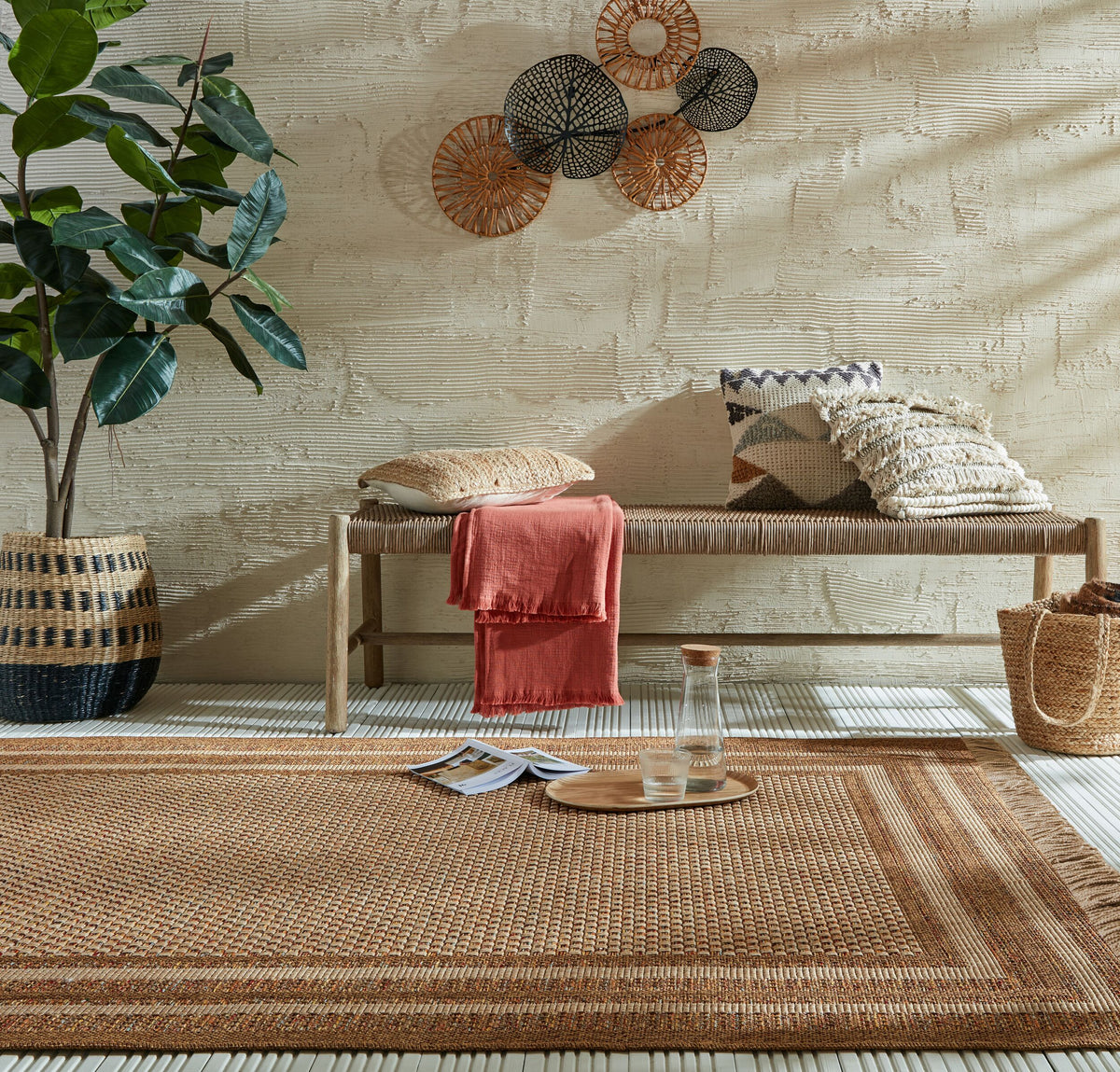 Outdoor Teppich Boho Streifen Bordüre - Balkon schmutzabweisend Ocker Rechteckig