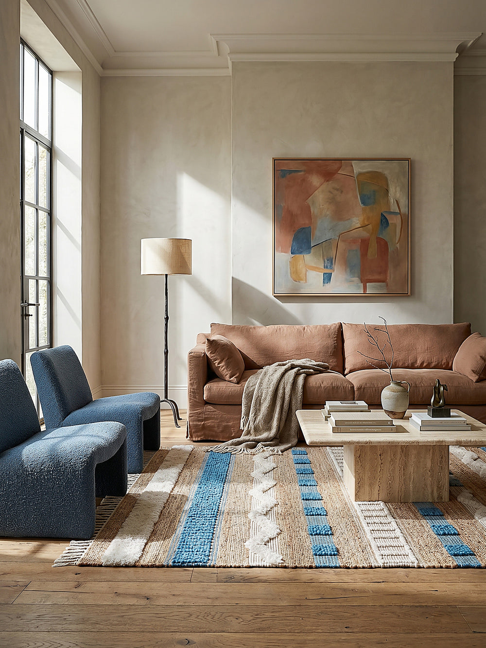 Teppich Multicolor rechteckig im Wohnzimmer mit Couchtisch und Wohnaccessoires Wohnidee skandinavisch modern_