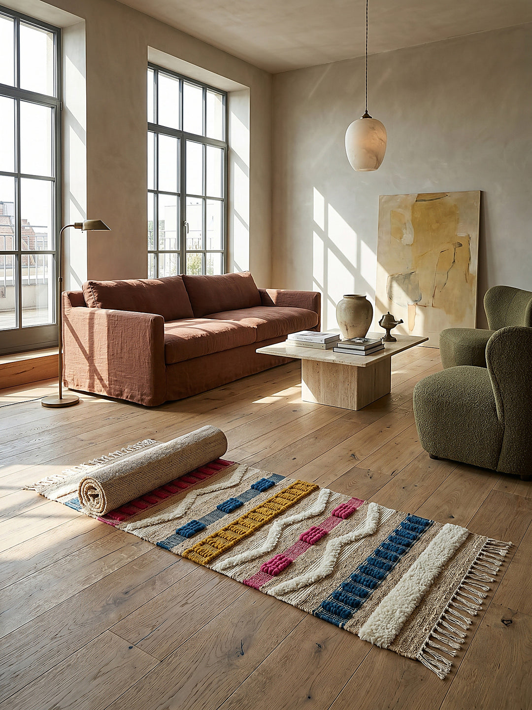 Teppich Natur-Multicolor Läufer Editorial Interior als Designobjekt drapiert hochwertige Wohnaccessoires_