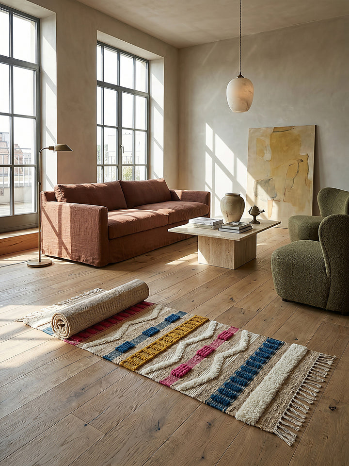 Teppich Natur-Multicolor Läufer Editorial Interior als Designobjekt drapiert hochwertige Wohnaccessoires_