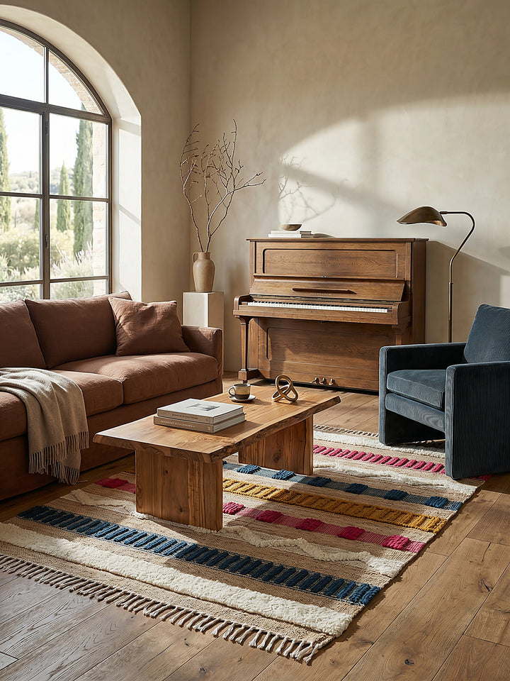 Teppich Natur-Multicolor rechteckig im Wohnzimmer mit Couchtisch und Wohnaccessoires Wohnidee skandinavisch modern_