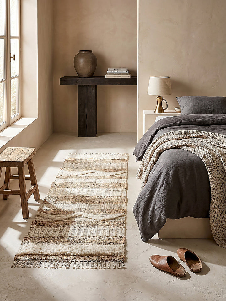 Teppich Natur-Weiß Läufer im Wohnzimmer mit Couchtisch und Wohnaccessoires Wohnidee skandinavisch modern_