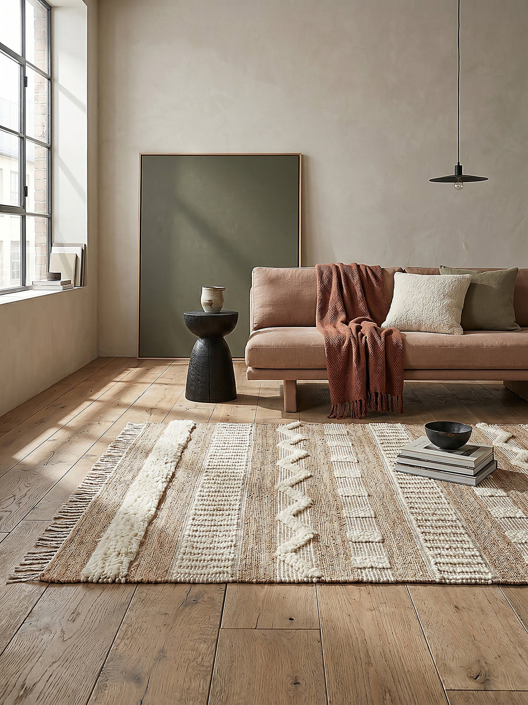 Teppich Natur-Weiß rechteckig im modernen Wohnzimmer Einrichtungsidee_
