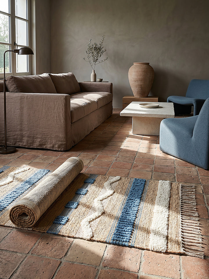 Teppich Natur-Blau Läufer Editorial Interior als Designobjekt drapiert hochwertige Wohnaccessoires_