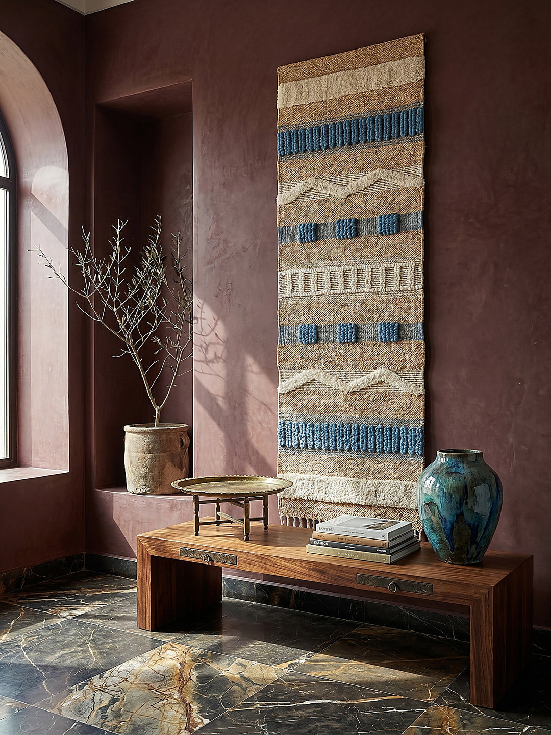 Teppich Natur-Blau Läufer als Wandteppich Wanddekoration Textilkunst Interior Design_