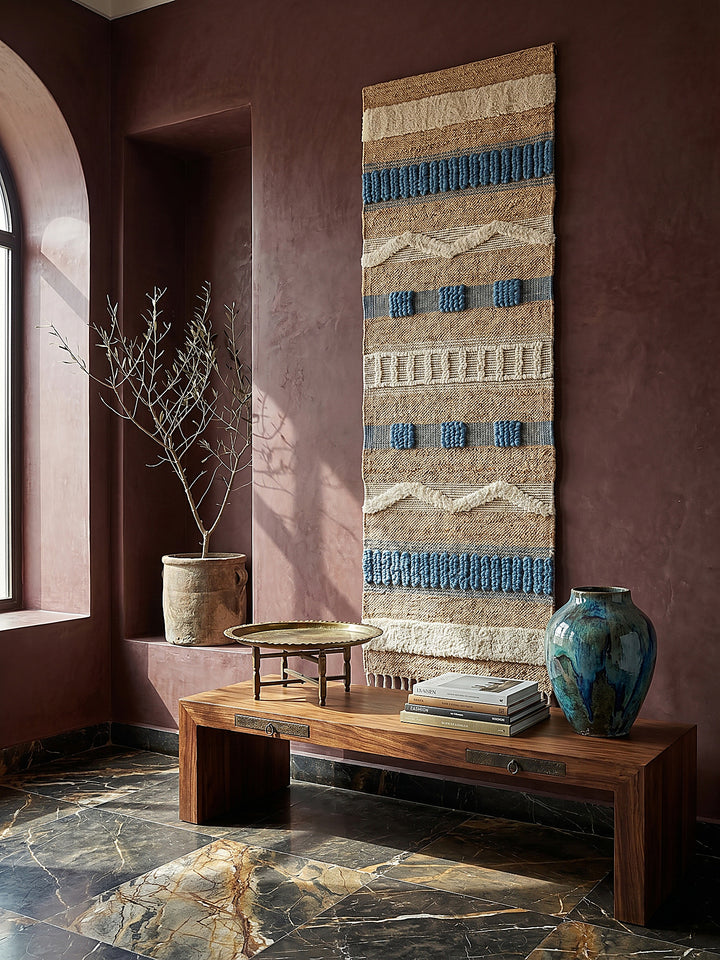 Teppich Natur-Blau Läufer als Wandteppich Wanddekoration Textilkunst Interior Design_