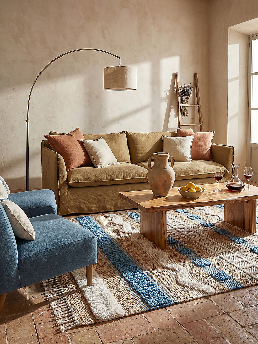 Teppich Natur-Blau rechteckig im Wohnzimmer mit Couchtisch und Wohnaccessoires Wohnidee skandinavisch modern_