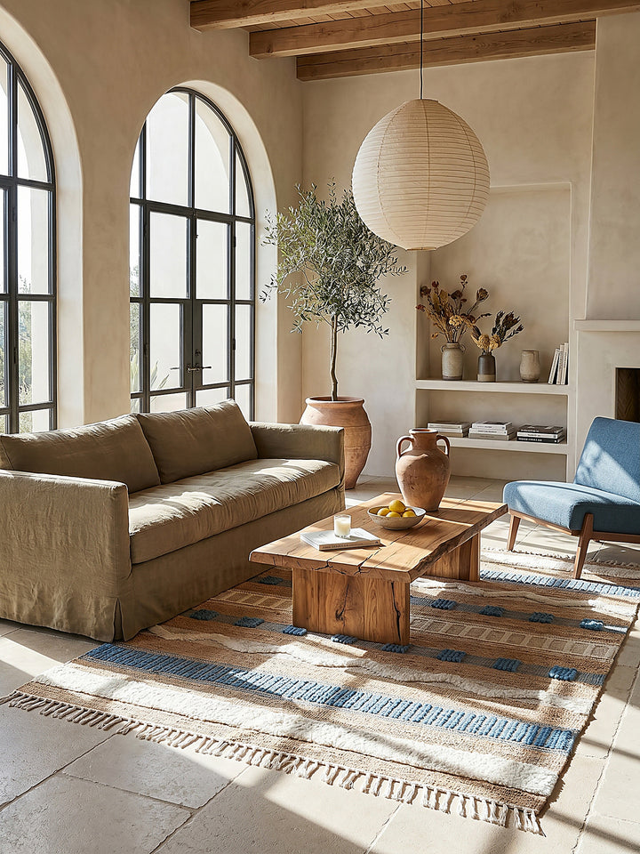 Teppich Natur-Blau rechteckig im modernen Wohnzimmer Einrichtungsidee_