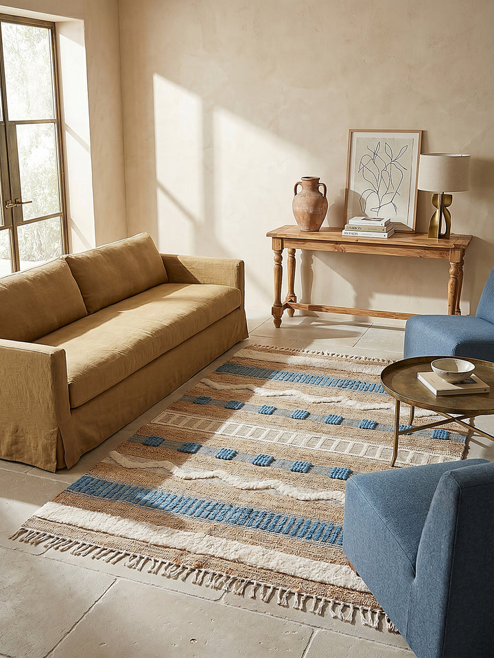Teppich Natur-Blau rechteckig Musteransicht von oben Designkollektion_