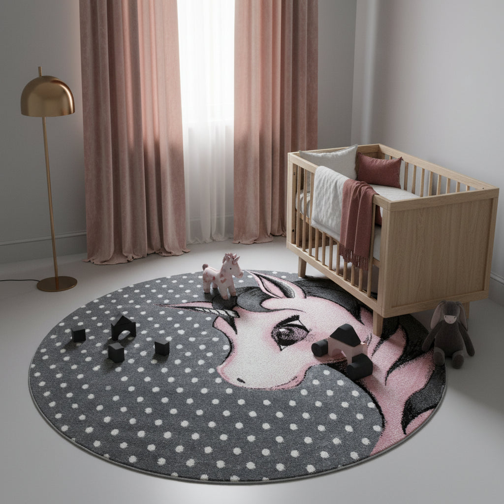 Teppich Kinder Einhorn Polypropylen saugroboter Kurzflor Kinderzimmer Rund