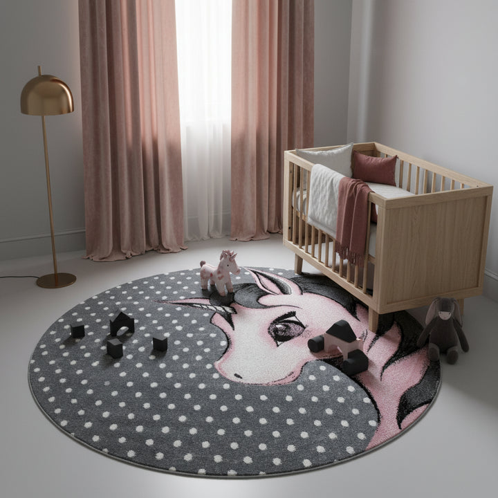Teppich Kinder Einhorn Polypropylen saugroboter Kurzflor Kinderzimmer_Rund_