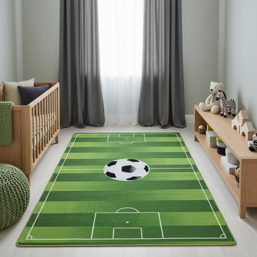 Teppich Kinder Flachgewebe Fußball-Motiv Polyamid Antirutsch Spielzimmer Grün Läufer 80x120 Läufer