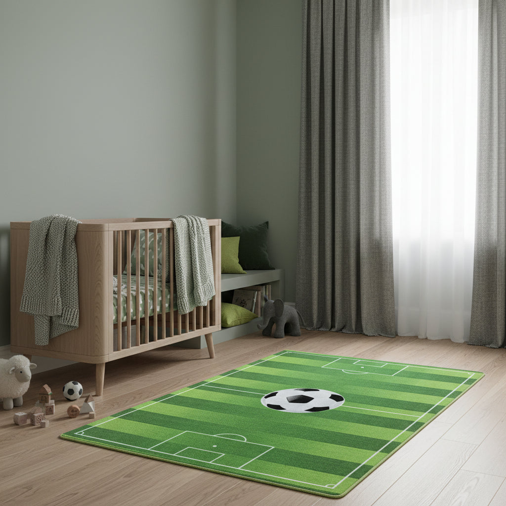 Teppich Kinder Flachgewebe Fußball-Motiv Polyamid Antirutsch Spielzimmer Grün Läufer 80x120_Läufer_
