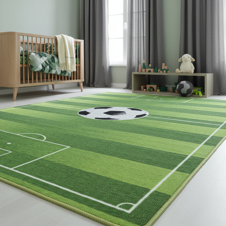 Teppich Kinder Flachgewebe Fußball-Motiv Polyamid Antirutsch Spielzimmer Grün Läufer 80x120_Läufer_