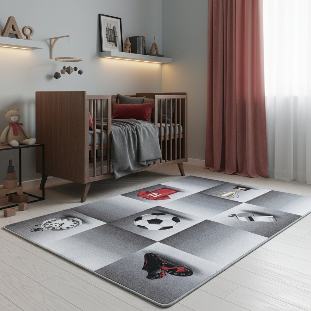 Teppich Kinder Flachgewebe Fußballfeld Polyamid Antirutsch Kinderzimmer_Grau_Läufer_