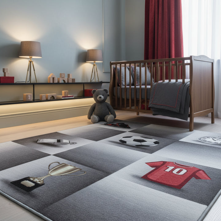 Teppich Kinder Flachgewebe Fußballfeld Polyamid Antirutsch Kinderzimmer_Grau_Läufer_