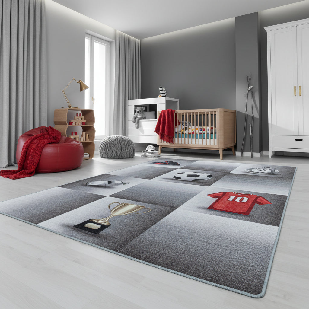 Teppich Kinder Flachgewebe Fußballfeld Polyamid Antirutsch Kinderzimmer_Grau_Läufer_