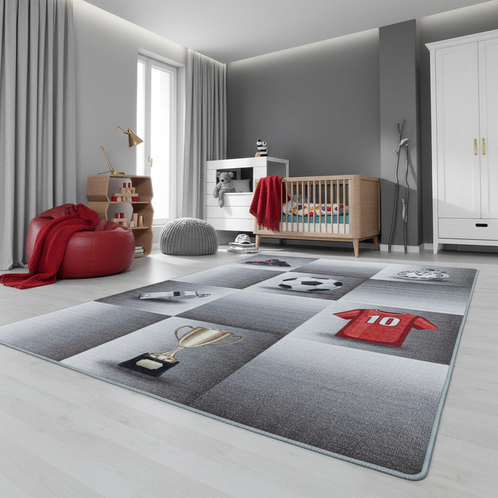 Teppich Kinder Flachgewebe Fußballfeld Polyamid Antirutsch Kinderzimmer_Grau_Läufer_